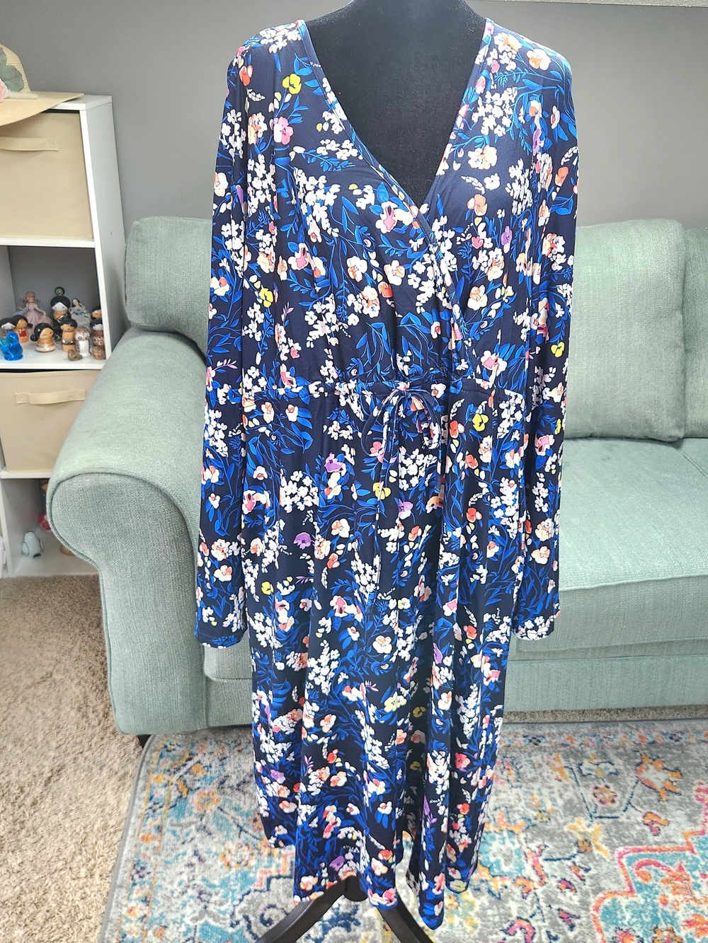 Kojooin Blue White Floral Knit Dress New! NWT 3x Plus Tie In Front